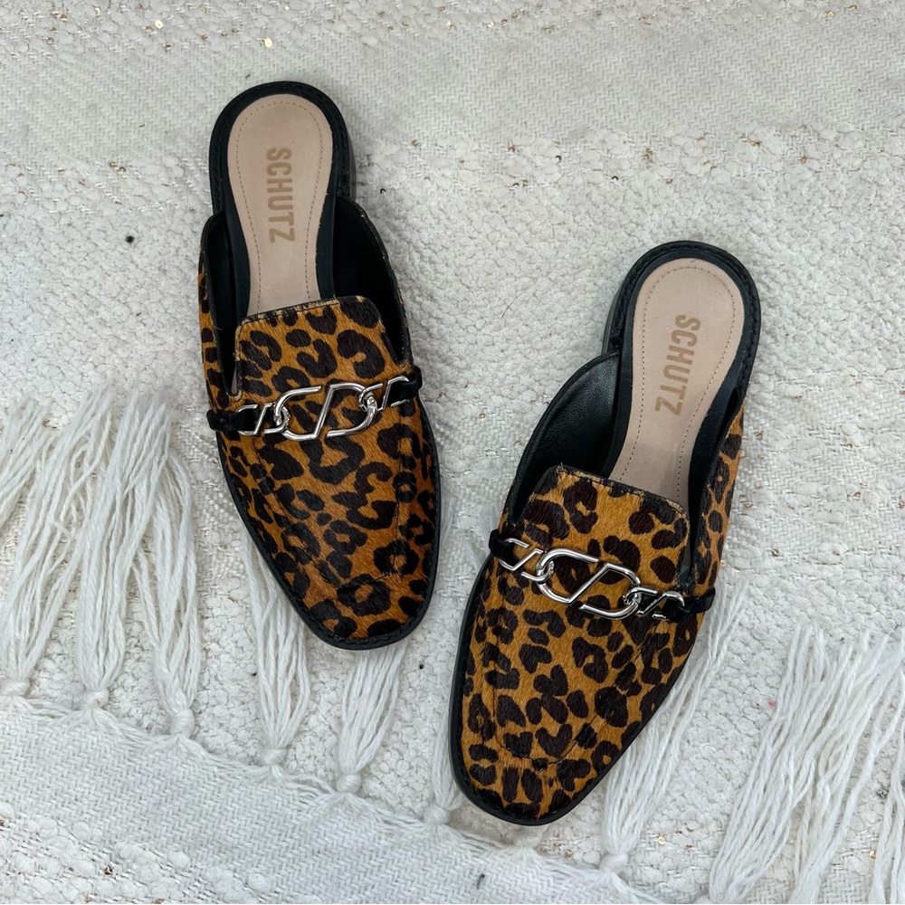 Schutz Mules Brown/Tan Cheetah Print Calf Hair Fur Slip On Dress Shoes 6